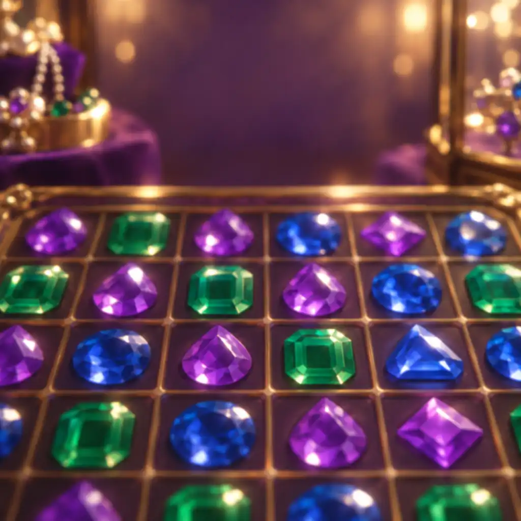 Vue rapprochée d'un plateau de Jewels Magic avec des joyaux colorés, invitant à observer avant d'utiliser un booster