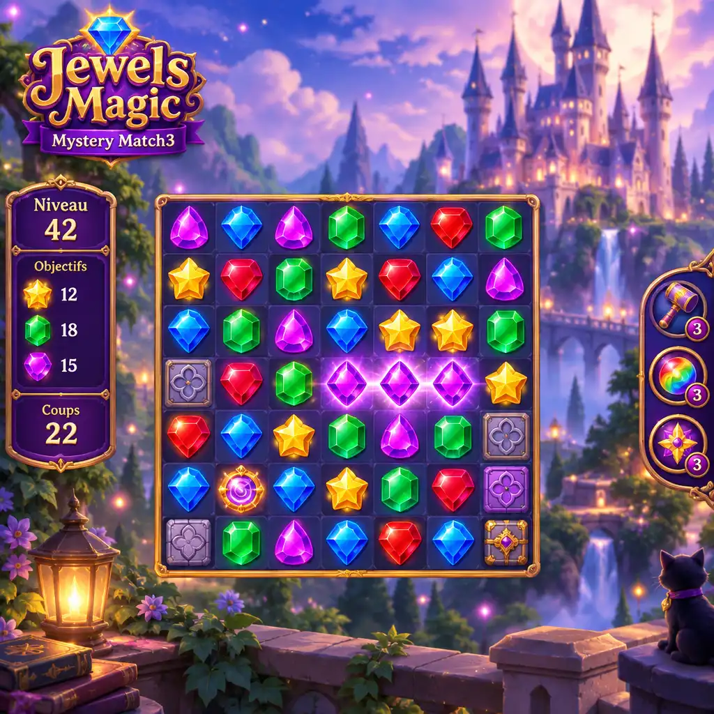 Plateau de match-3 coloré avec des joyaux brillants et un château mystérieux en arrière-plan