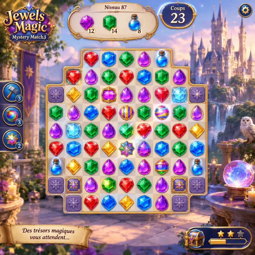 Plateau de Jewels Magic avec des joyaux colorés et un château enchanté