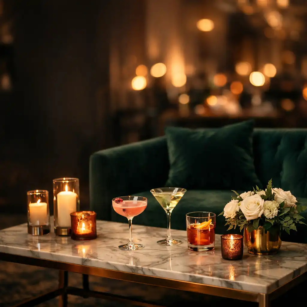 Coin lounge d'un événement privé haut de gamme avec canapé en velours et éclairage chaleureux