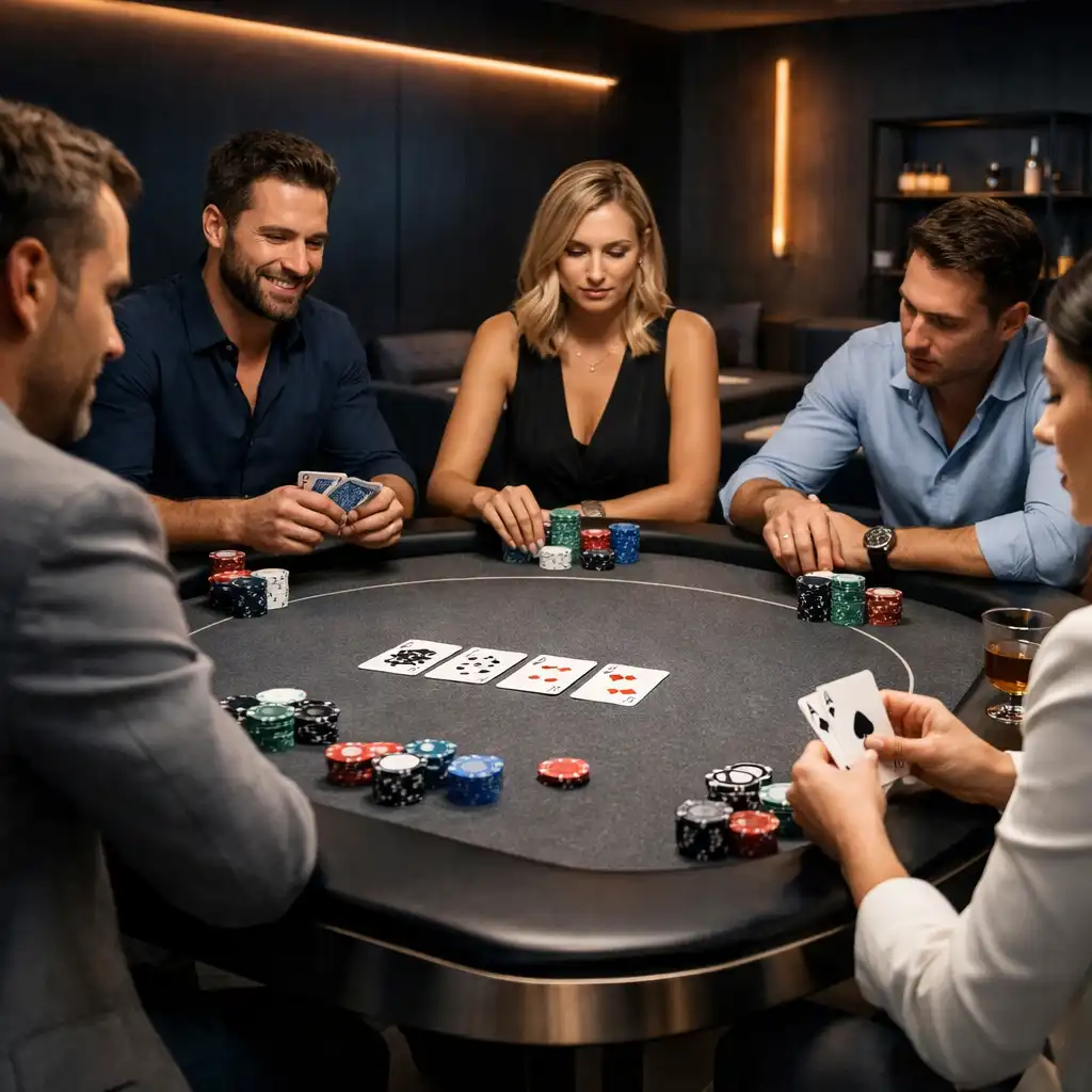 Club de jeu privé contemporain avec table de poker design et éclairage LED tamisé