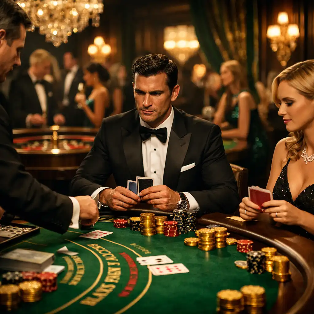 Soirée casino élégante sur le thème de James Bond avec invités en smoking autour d'une table de blackjack