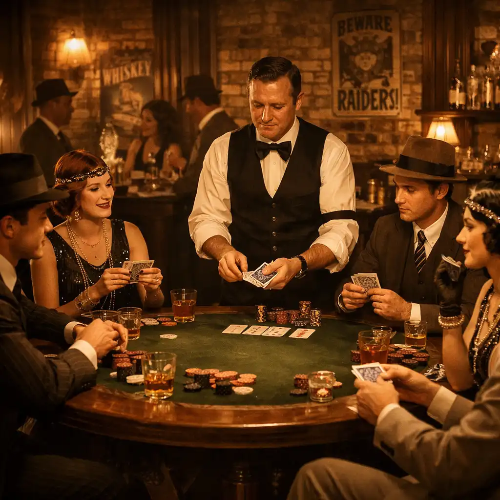 Soirée prohibition années 1920 avec invités en costumes rétro autour d'une table de poker