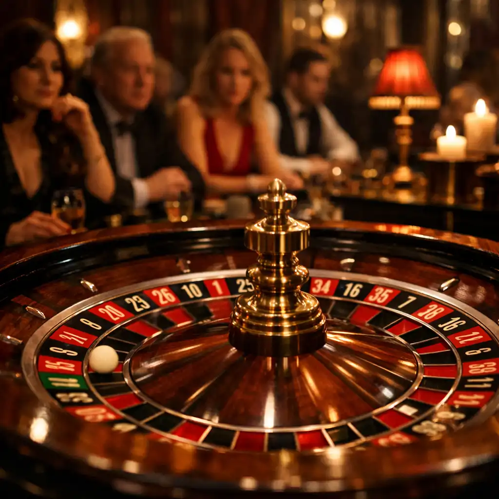Vue d'une salle de casino éphémère avec une table de roulette au premier plan