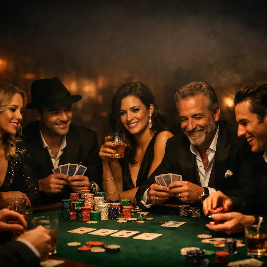 Soirée privée élégante sur le thème du poker clandestin avec des invités souriants autour d'une table de jeu