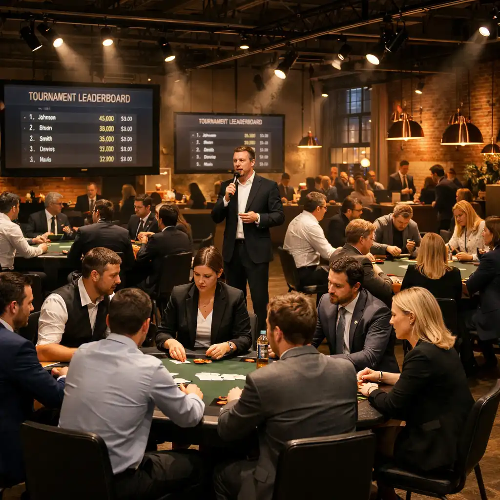 Soirée d'entreprise dans un loft moderne aménagé pour un événement poker