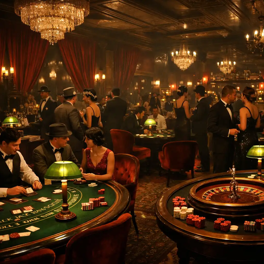 Salle de réception transformée en casino clandestin des années 1920 avec tables de blackjack et fauteuils en velours
