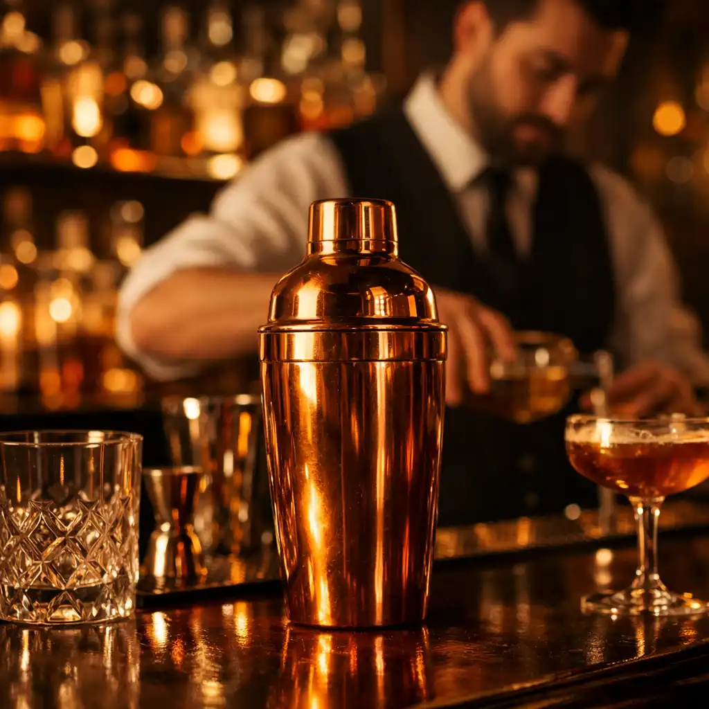 Bar à cocktails style speakeasy avec bouteilles rétro-éclairées, verres en cristal et shaker en cuivre