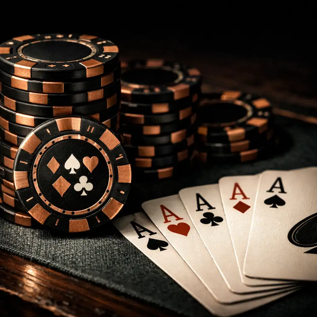 Gros plan sur des jetons de poker empilés et des cartes à jouer étalées sur une table en bois sombre