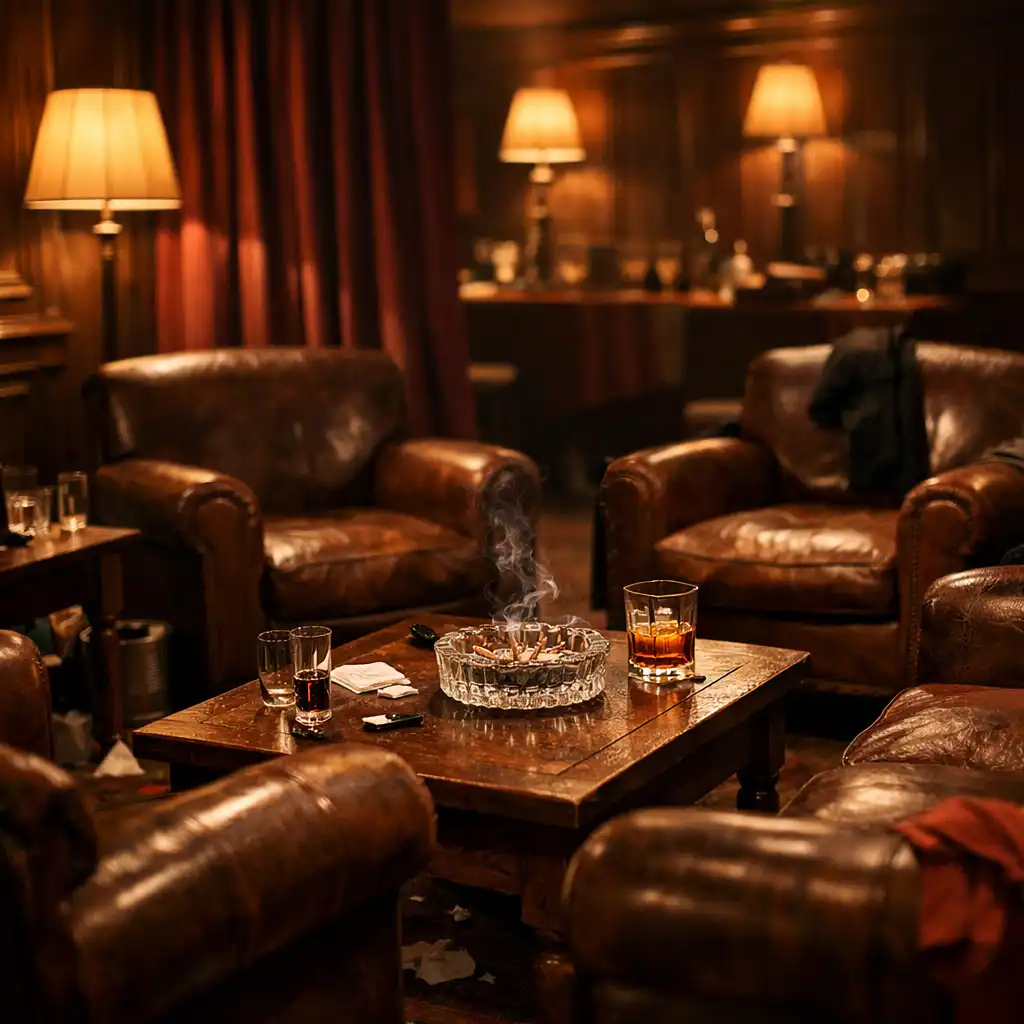 Lounge privé avec fauteuils club en cuir et éclairage tamisé