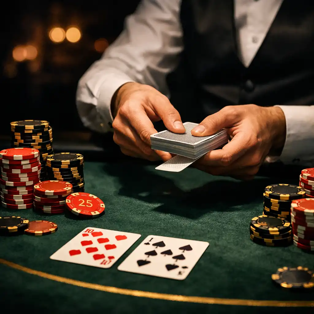 Gros plan sur une table de poker avec croupier distribuant des cartes