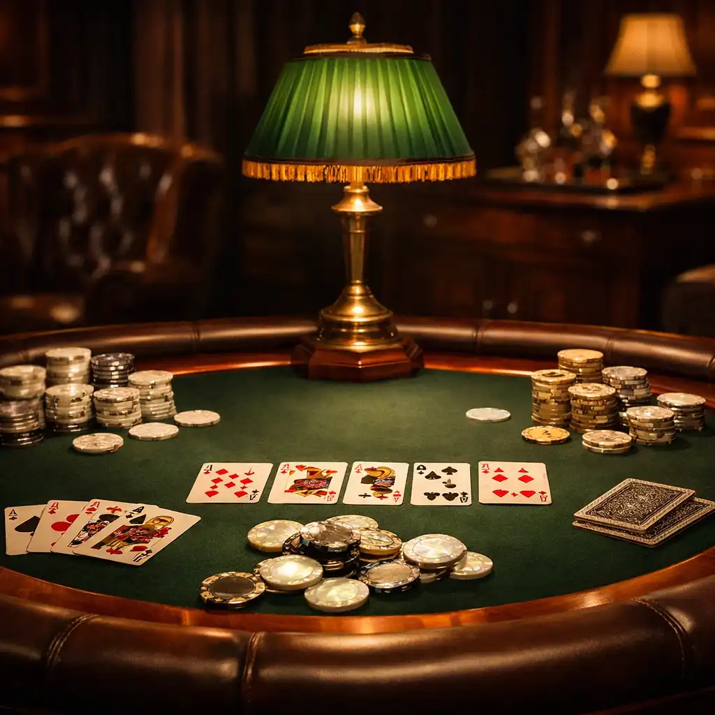 Table de poker élégante dans un salon feutré, éclairée par une lampe à abat-jour vert, avec des jetons en nacre et des cartes à jouer étalées.