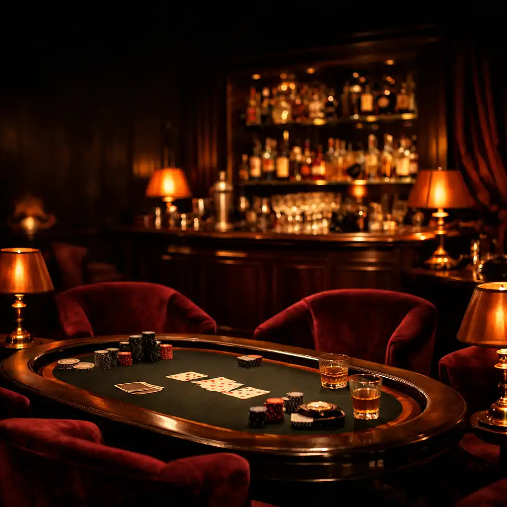 Salon privé parisien feutré avec table de poker élégante et éclairage chaleureux