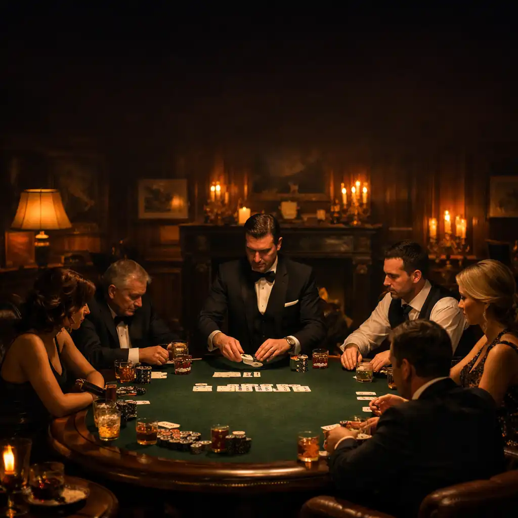 Soirée poker privée dans un salon parisien élégant, éclairée par des lampes basses et des bougies