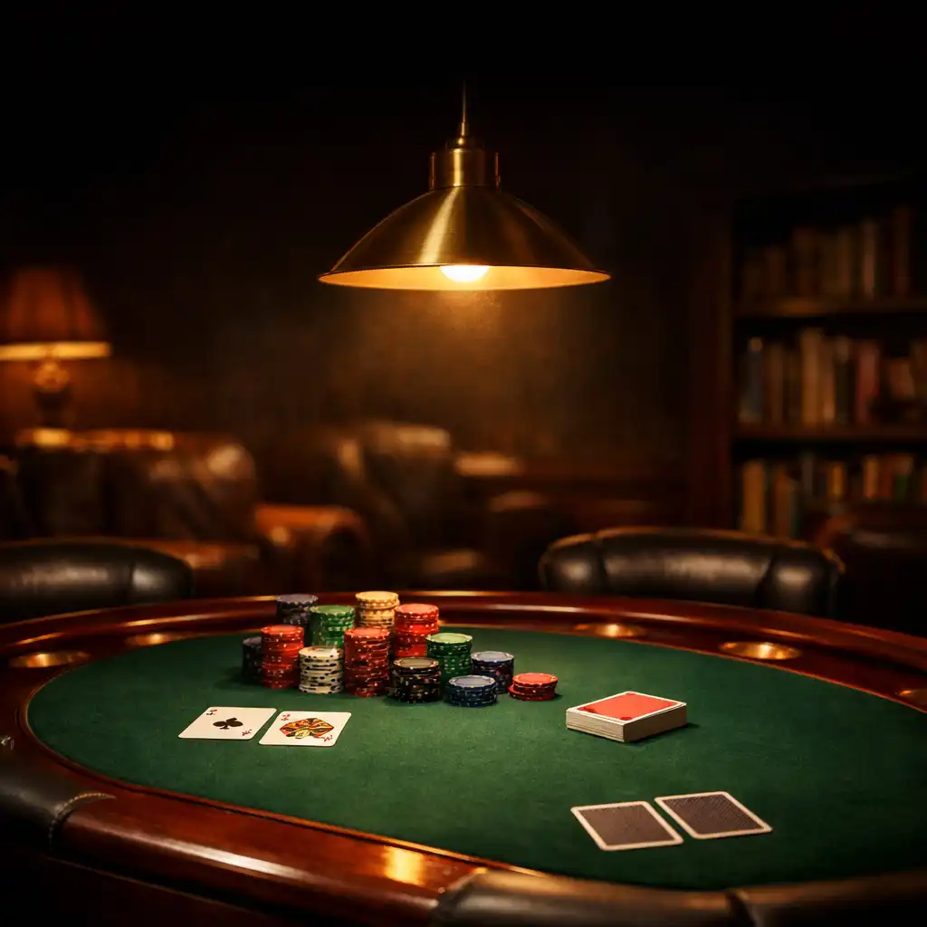 Table de poker professionnelle dans un salon privé sombre et élégant