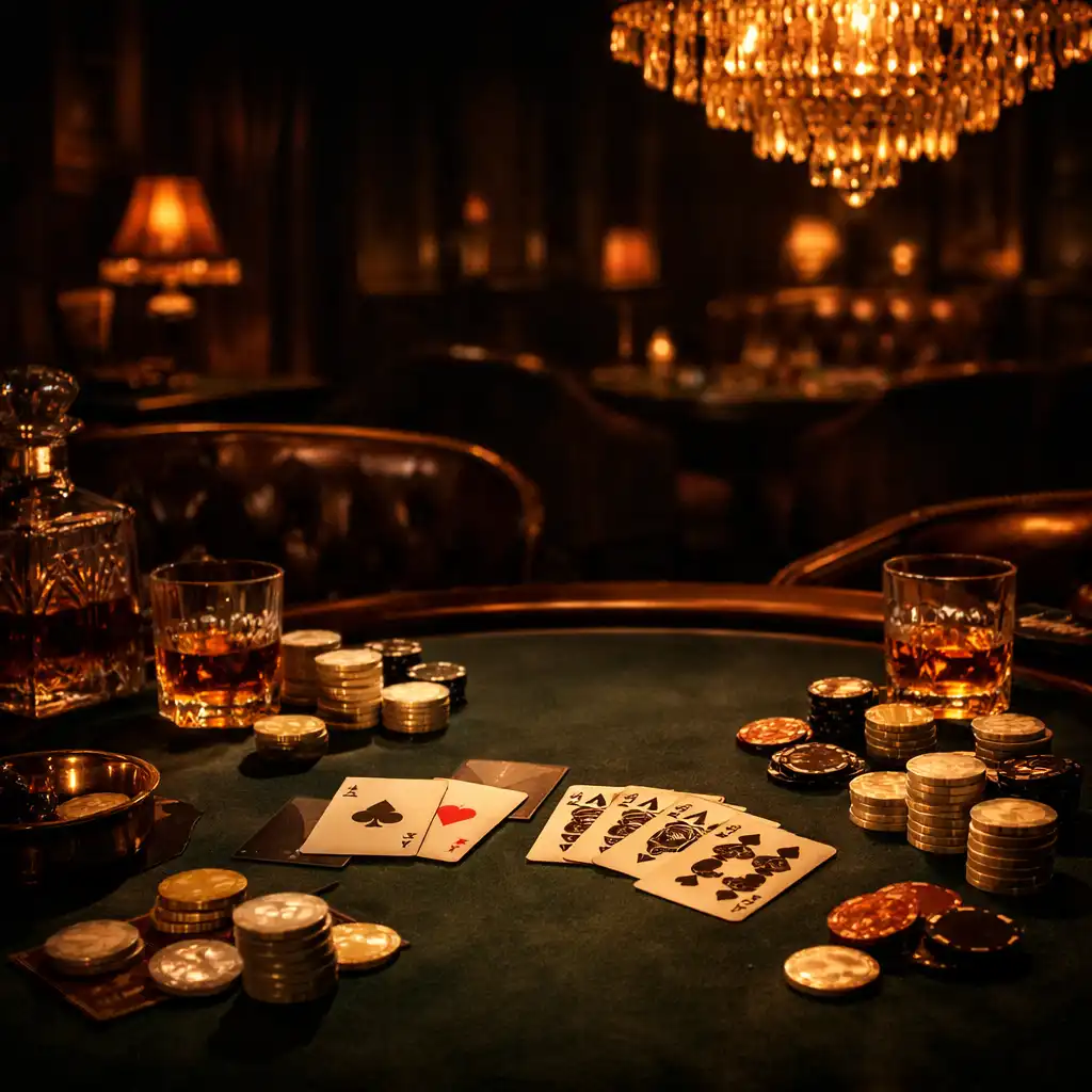 Table de poker élégante dans un salon feutré de style speakeasy parisien, lumière ambrée et jetons en nacre