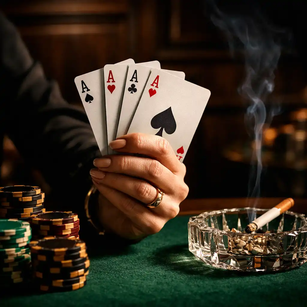 Gros plan sur une main élégante tenant des cartes à jouer au-dessus d'une table de poker en feutre vert foncé