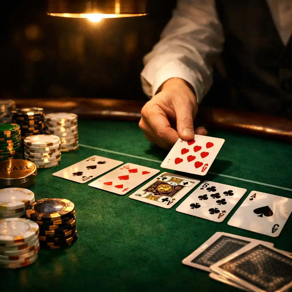 Gros plan sur une table de poker de luxe avec tapis en feutre vert et jetons en nacre