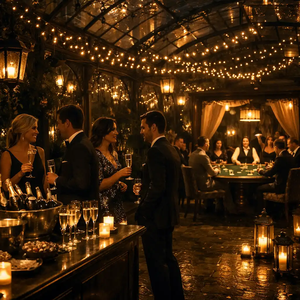 Réception privée élégante dans un jardin d'hiver parisien avec bar à champagne