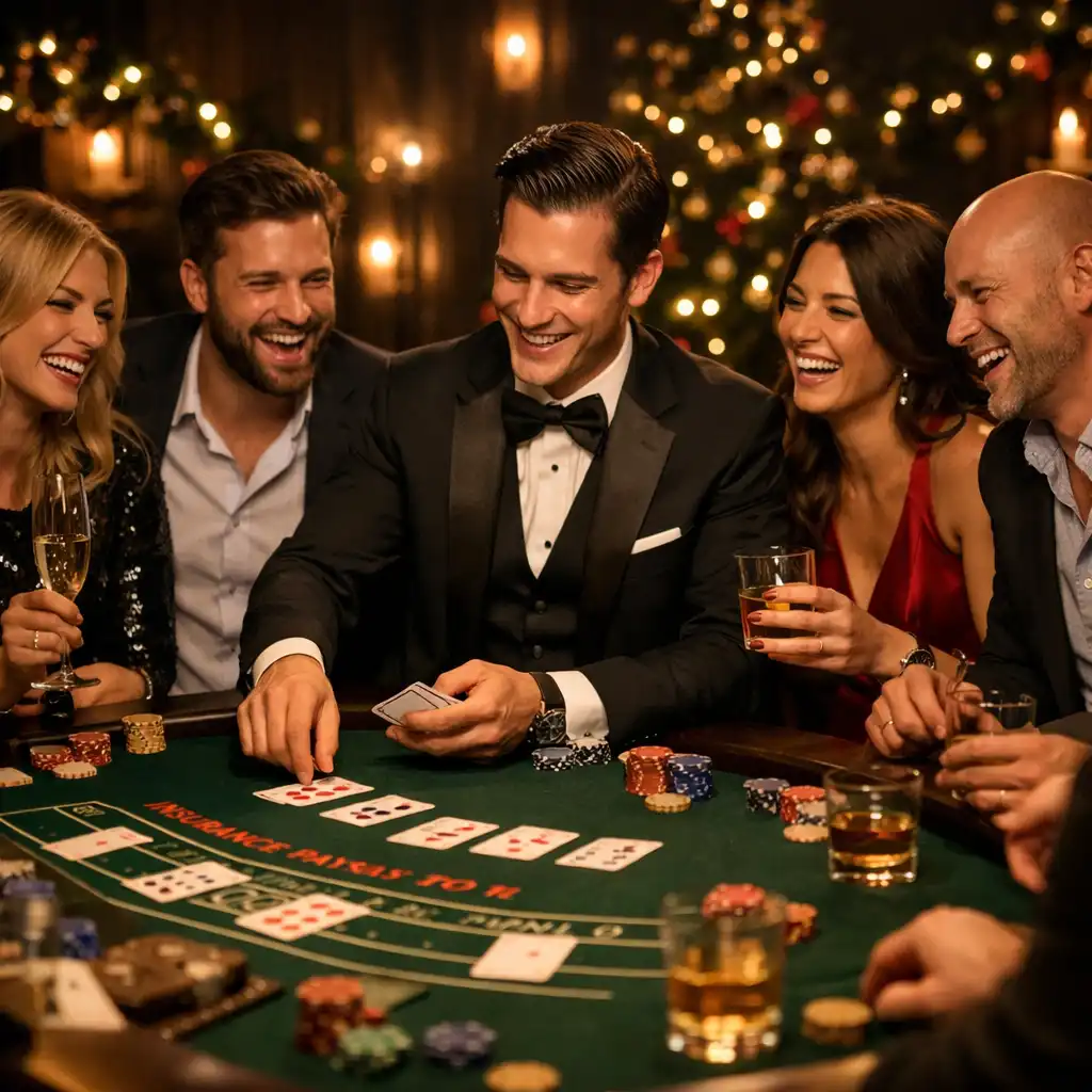 Soirée de fin d'année sur le thème du casino clandestin avec collègues autour d'une table de blackjack