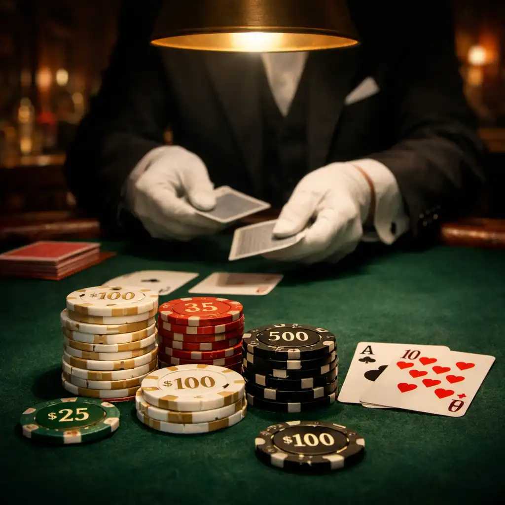 Table de poker professionnelle dans un décor de casino clandestin avec croupier et jetons