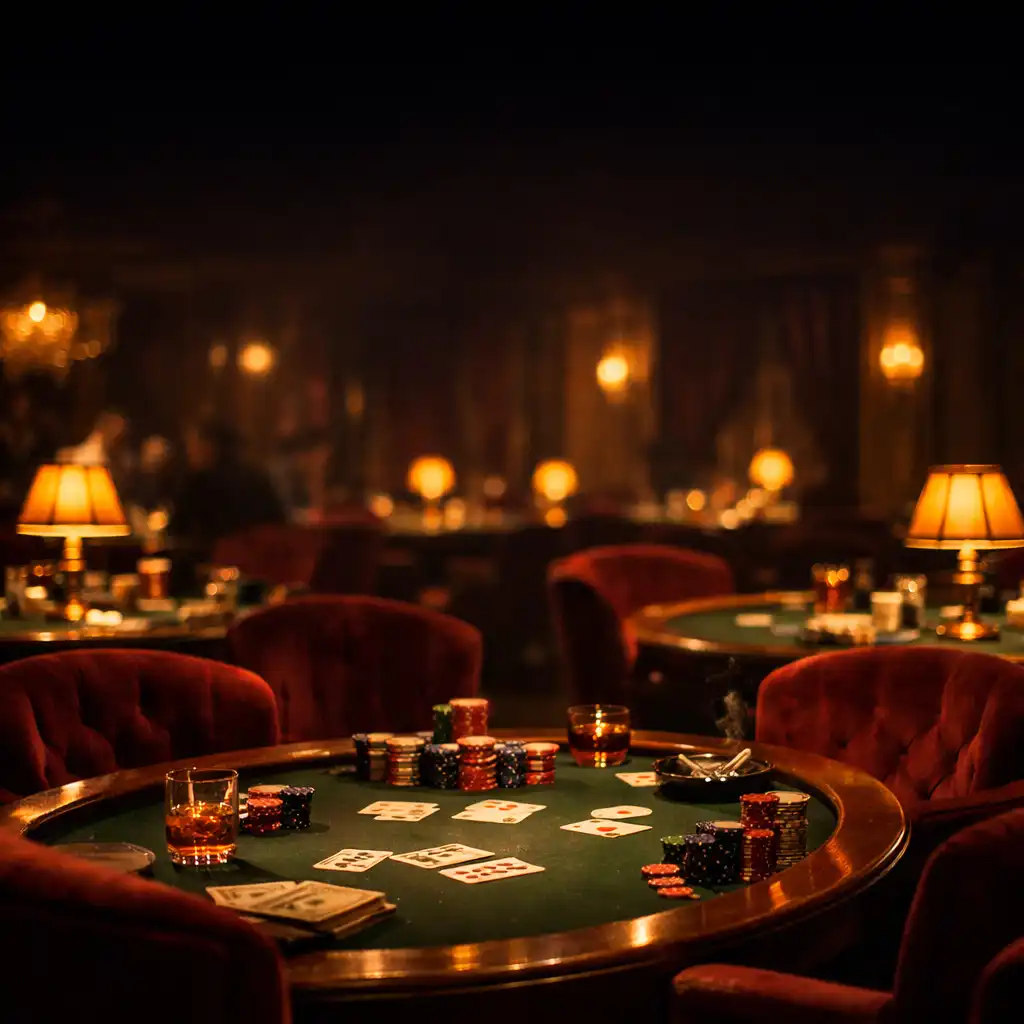 Salle de réception transformée en casino clandestin avec tables de poker et éclairage ambré