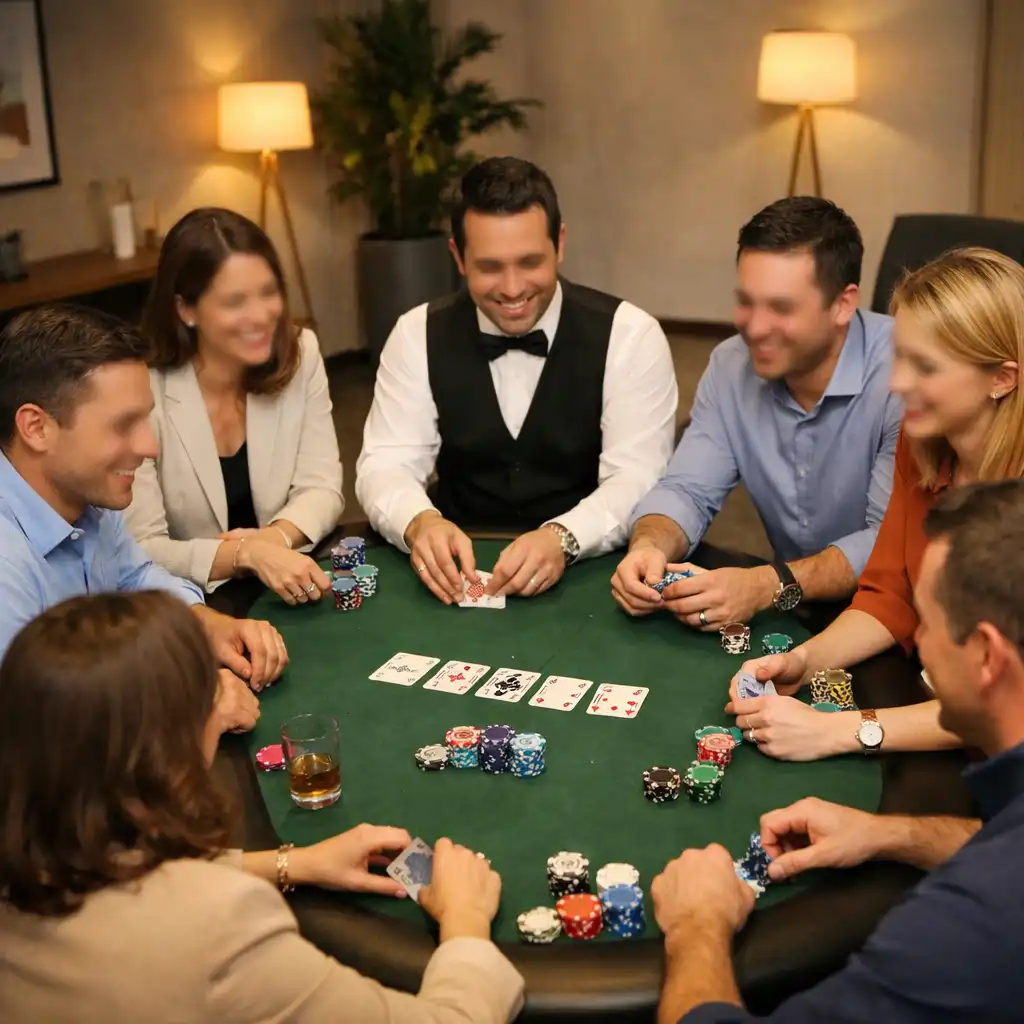 Groupe de collègues en tenue business casual autour d'une table de poker lors d'un team building